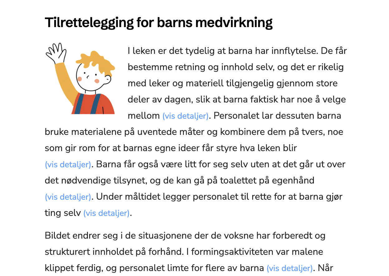 Skjermbilde av kvalitetsrapporten — avsnittet om tilrettelegging for barns medvirkning